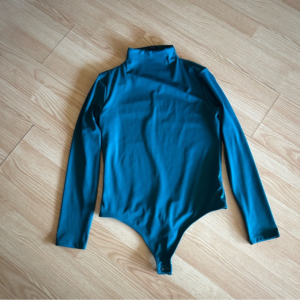 Express Dark Green Blue Contour Mock Neck Bodysuit Large